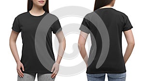 Woman wearing casual black t-shirt on white background, closeup. Collage with back and front view photos. Mockup for design