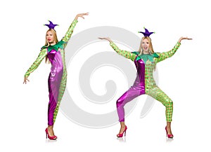 The woman wearing clown costume isolated on white