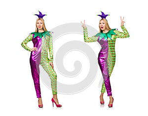The woman wearing clown costume isolated on white