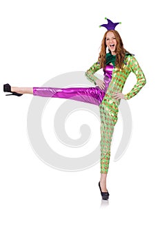 Woman wearing clown costume isolated on the white