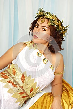 woman wearing costume of greek goddes