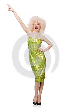 The woman wearing curly fair wig isolated on white