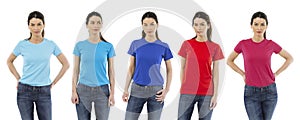 Woman wearing different colored blank shirts