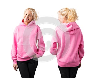 Woman wearing empty pink hoodie