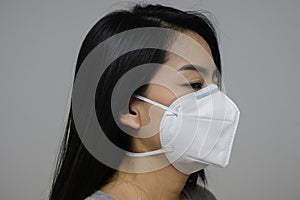 Woman wearing face mask of N95 because of air pollution in the city have particulate matters or PM 2.5. photo