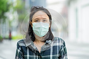 Woman wearing face mask protect filter against air pollution PM2.5 or wear N95 mask. protect pollution, anti smog and viruses,