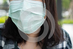 Woman wearing face mask protect filter against air pollution PM2.5 or wear N95 mask. protect pollution, anti smog and viruses,