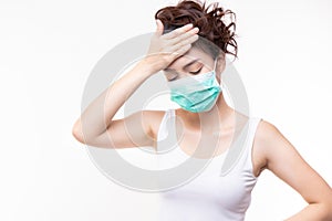 Woman wearing face mask protect filter pm2.5 anti pollution, anti smog and viruses. Air pollution, protection covid-19,