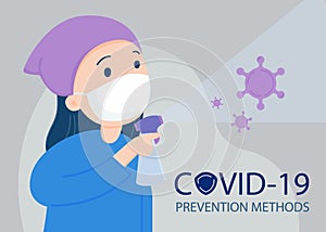 Woman wearing a face mask, sanitizing with alcohol spray. Covid -19 prevention.