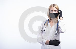 Woman wearing face mask and see in camera, epidemic concept. Banner.