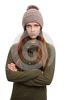 Woman wearing Fleece Coat and knit hat