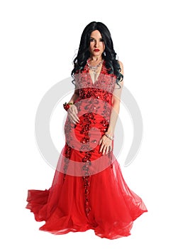 Woman Wearing Formal Red Mermaid Style Gown Isolated on White Background