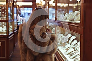 woman wearing fur coat browsing in a posh jewelry store