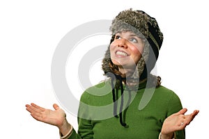 Woman wearing fur lined hat