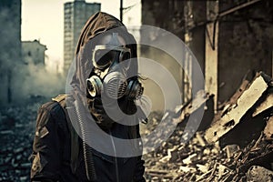 A Woman Wearing A Gas Mask Near A Destroyed Building. Generative AI