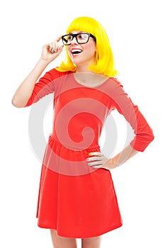 Woman wearing glasses and yellow wig