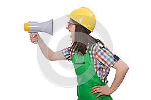 Woman wearing hard hat with loudspeaker