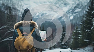 A woman wearing a hat and backpack in a snowy forest, hiking and winter travelling by foot, adventure concept.