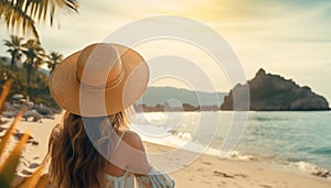 Woman is wearing a hat on the beach during sunset, beautiful portrait, spontaneity feeling. Generative AI