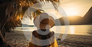 Woman is wearing a hat on the beach during sunset, beautiful portrait, spontaneity feeling. Generative AI