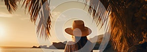 Woman is wearing a hat on the beach during sunset, beautiful portrait, spontaneity feeling. Generative AI