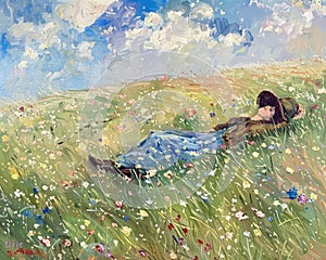 Woman wearing a hat and dress laying down in the wildflower field