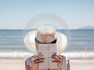 A woman wearing a hat and reading a book on the beach. Generative AI image.
