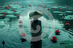 A woman wearing a hat standing in a pond surrounded by water lillies