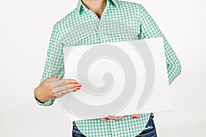 Woman wearing holding a white board with empty copy space. image