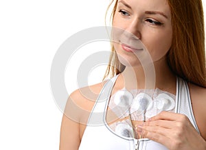 Woman wearing holter monitor device for 24 hour Heart investigation activity photo