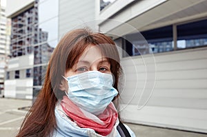 Woman wearing hygienic mask to prevent the Coronavirus. People in masks The outbreak of Novel Corona virus 2019-nCoV in Europe