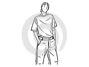 Woman wearing jeans t-shirt put your hand in your pocket character on white background. Hand drawn style vector design illustratio