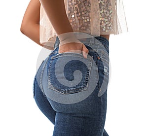 Woman wearing jeans on white background