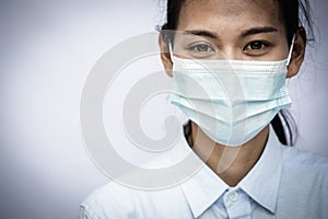 Woman wearing mask, covering face to prevent contagious disease, COVID 19, Coronavirus, Portrait of a woman in a medical mask.
