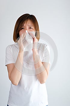 Woman wearing mask get sick from corona virus, covid19, flu symptom as sneezing, cough, fever, body ache, breathing , pain