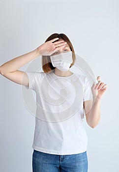 Woman wearing mask get sick from corona virus, covid19, flu symptom as sneezing, cough, fever, body ache, breathing , pain