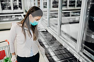 Woman wearing mask and gloves buying groceries/supplies in supermarket with sold out products.Food supplies shortage.Empty shelves