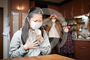 Woman wearing mask and painfully coughing