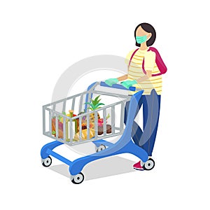 Woman wearing medcal mask and gloves while shopping in the grocery store isolated on white backrgound.