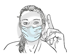 Woman wearing medical face mask and showing Okay gesture and pointing finger up, Hand drawn female portrait