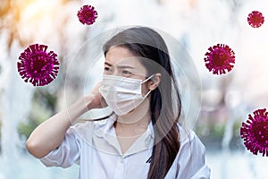 Woman wearing medical mask to protect against coronavirus, Covid19