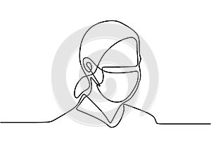 Woman wearing medical masks to prevent disease, flu, air pollution, contaminated air, world pollution one line drawing. Protection