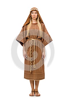 The woman wearing medieval arab clothing on white