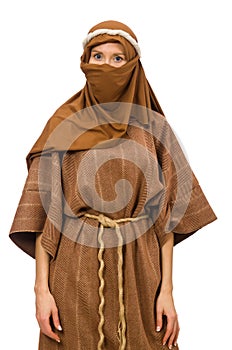 The woman wearing medieval arab clothing on white