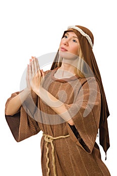 The woman wearing medieval arab clothing on white