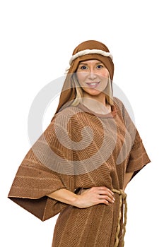 The woman wearing medieval arab clothing on white