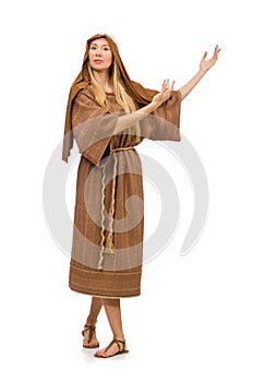 The woman wearing medieval arab clothing on white