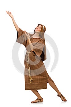 The woman wearing medieval arab clothing on white