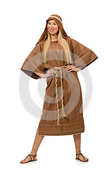 Woman wearing medieval arab clothing on white