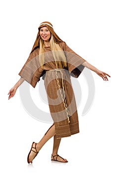 Woman wearing medieval arab clothing on white